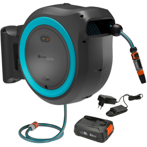 GARDENA Portamangueras PowerRoll XXL a batería 18V POWER FOR ALL, 40 m de manguera, línea azul, anti heladas y rayos UV, recogida de manguera automático, batería y cargador incluidos (18645-20)