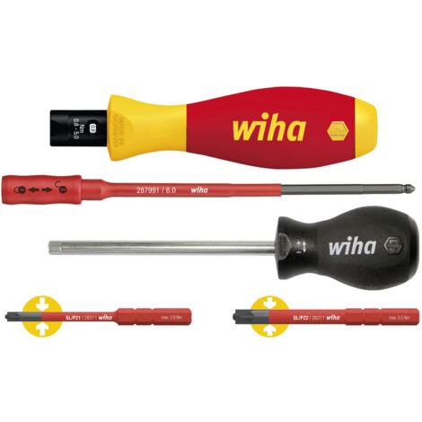 Wiha Juego de destornilladores dinamométricos TorqueVario®-S electric 0,8-5,0 Nm PlusMinus/Pozidriv, de 5 unid., con limitación del par de apriete de ajuste variable (38074)