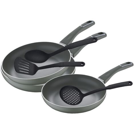 Juego de sartenes (20,24 y 28 cm) San Ignacio Trebol de aluminio prensado y set de utensilios de cocina en nylon