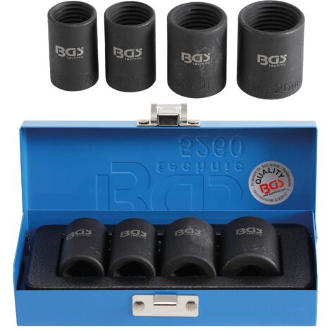 Juego de llaves de vaso de perfil en espiral/ extractores de tornillos  entrada 12,5 mm (1/2")  17 - 26 mm  4 piezas