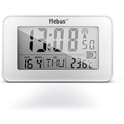 Mebus digitaler Funk-Wecker mit Mondkalender, Beleuchtung, Innenthermometer, Schlummer-Funktion/Material: Kunststoff/Farbe: Weiß/Modell: 51461 (1/5)
