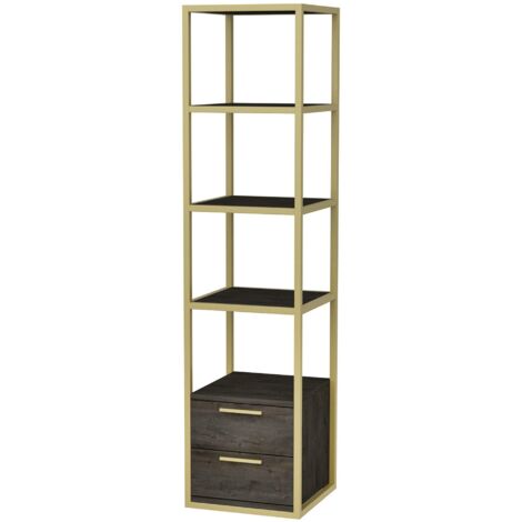 Estantería de 4 niveles con 2 cajones, 39x39x160 cm, estructura en oro - Cajones Gris Oscuro (1/4)
