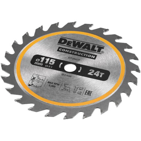 Hoja de Sierra Circular DeWALT DT20420-QZ, 115 mm de diámetro, 24 dientes, eje 22,23 mm, para corte de madera, disco resistente de precisión, ideal para uso profesional (1/5)