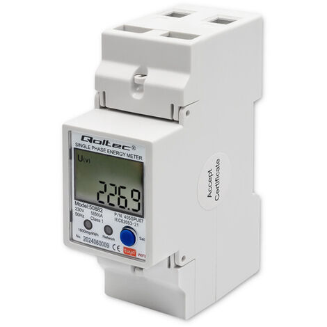Medidor electrónico monofásico Qoltec Medidor de energía para carril DIN Wi-Fi TUYA 230 V LCD (1/5)