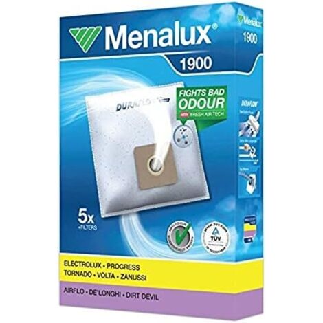 Menalux 1900 - Pack de 5 bolsas y 2 filtros para aspiradoras Ariete Diablo, Fagor VCE2000, Taurus Panamera y Ufesa Activa, Power S y Ionic (1/5)