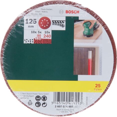 Lijas para lijadora excéntrica, grano 80, 120, 240, 25 unidades BOSCH 2607019497