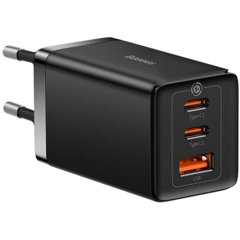 Cargador de pared rápido GaN 2x USB-C de 65 W + cable USB-C negro (1/5)