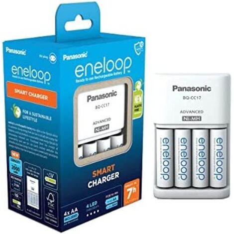eneloop Smart Cargador, para 1-4 Pilas Recargables AA/AAA, 7h de Tiempo de Carga, 7 Funciones de Seguridad, 4 Pilas eneloop AA (2000 mAh) Incluidas