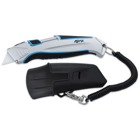 Ferrestock FSKTWC001 cuchillo cúter cerámico de seguridad auto-retráctil con cable de seguridad, cuerpo de aluminio, sistema de bloqueo y funda para cinturón (1/2)