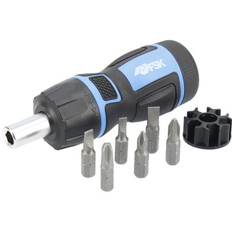 Ferrestock FSKDES017 set destornillador con carraca de 72 dientes, giro en ambas direcciones, 6 puntas intercambiables y compartimento interior para guardarlas (1/5)