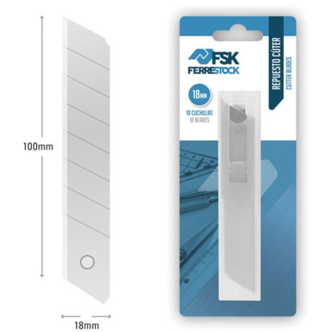 Ferrestock FSKTWR018B blíster con dispensador de 10 cuchillas de recambio para cúter de 18mm, afilado de precisión para cortar de forma limpia y profesional cualquier material (1/2)