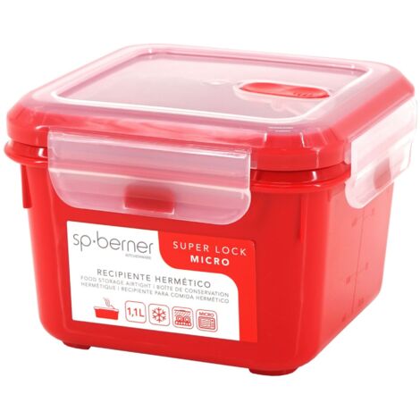 SP BERNER Hermético SUPER LOCK MICRO 1,1 L., cuadrado, apto para cocinar al vapor en el microondas, ideal transporte y almacenamiento de alimentos, cierre clip (1/5)