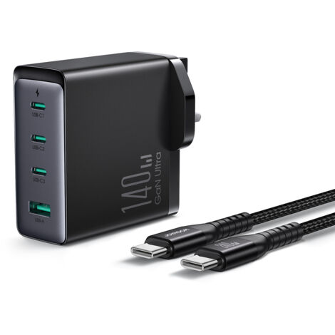 Cargador de pared GaN de 140 W con enchufe británico, 3 puertos USB-C y cable USB-A de 1,2 m. (1/5)