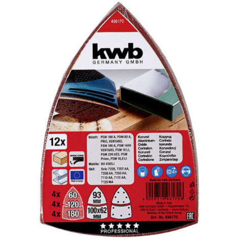 Paquete de 12 triángulos abrasivos KWB de forma especial - 100 X 62 mm - 93 mm - Grano 60-120-180
