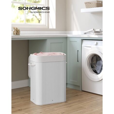 Cesto de la Ropa Sucia con Tapa, 72 L, Cesto de Lavandería de Bambú, Plegable, con Bolsa Lavable Extraíble, Asas, para Lavandería, Dormitorio, Blanco (1/5)