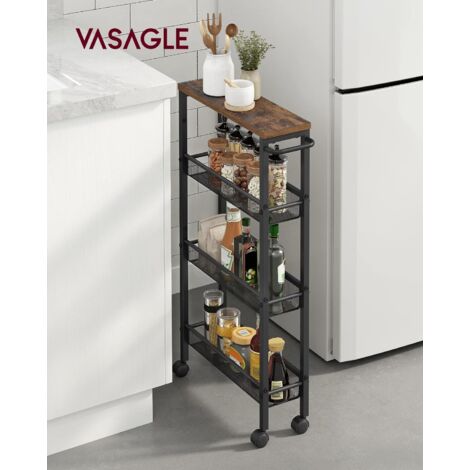 VASAGLE Carro de 4 Niveles, Carro Estrecho de Cocina con Ruedas, con Asa, para Espacio Reducido, 13 x 45,4 x 77 cm, para Cocina, Baño, Salón,Estudio, Marrón Rústico y Negro (1/5)