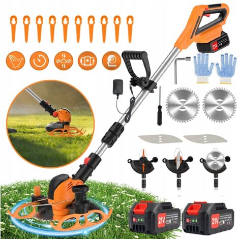 Débroussailleuse électrique sans fil, alimentée par batterie 21 V (2 batteries 2,0 Ah), coupe-bordures 2 en 1 pour jardin, pelouse et arbustes.