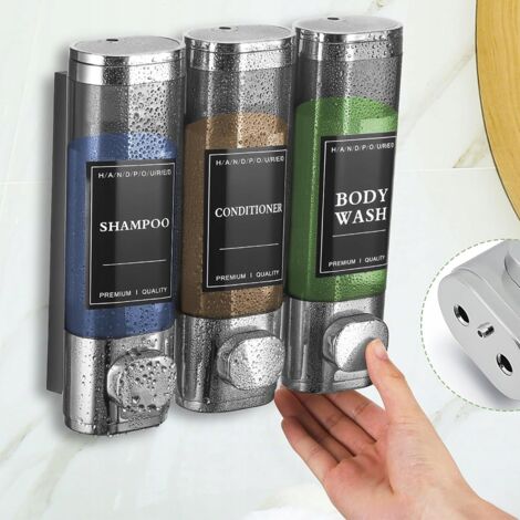 Distributeur manuel de salle de bain pour savon liquide et shampoing, fixation murale, 3 compartiments, 0,3 L (1/5)