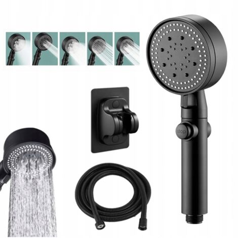 Ensemble de douche noir : douchette 5 fonctions, flexible et support de douche. (1/5)
