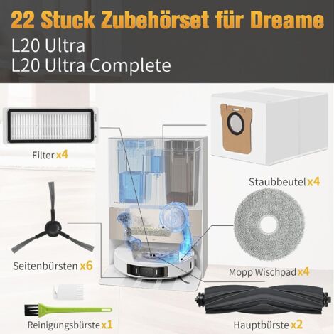 Brosses Bord Aspirateur Kit 22 Accessoires Dreame L20 Ultra - 1 Brosse 6 Sacs Poussière 6 Brosses Bord 4 Filtres 4 Chiffons Robot Laveur Dreame