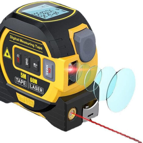 Mètre Laser 3-en-1 avec Ligne Croisée 60m Laser + 5m Ruban AutoBloc Grand Écran LCD (m/ft/in) & Calculs Surface/Volume Bricolage, BTP, Professionnels