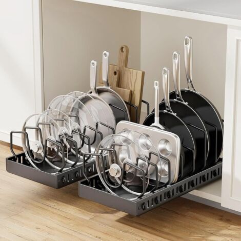 Lot de 2 Organiseur de casseroles et poêles sous l'armoire, support coulissant pour couvercles de casseroles et poêles dans la cuisine, rangement coulissant à l'intérieur de l'armoire pour couvercle