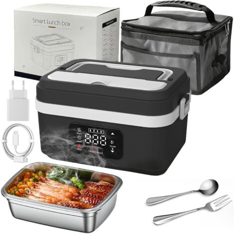 1L Gamelle Chauffante, Rechargeable Lunch Box Électrique avec Minuterie et Fonction, Utilisation de 50min/Étanche et Lavable/Boîtier détachable, pour Travail/Voiture/Chantier (noir)