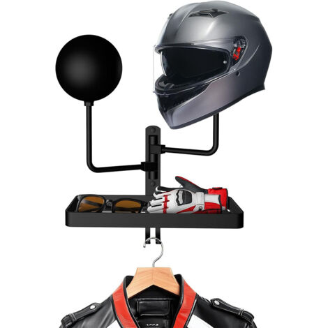 Porte Casque Moto Mural, Support Mural pour Casque Rotation à 180 degrés, 2 Moto Crochet avec Étagère de Rangement pour Manteaux de Baseball, Casquettes et Casque de Rugby (1/5)