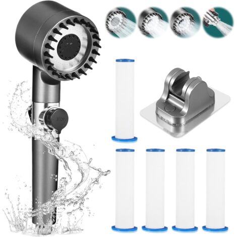 Pommeau de Duche Haute Pression, Pommeau de Duche Economie Deau avec Tuyau  Salle de Bain Réglable à 4 Modes, Pommeau de Douche Anti Calcaire Bouton D'arrêt D'eau (1/5)