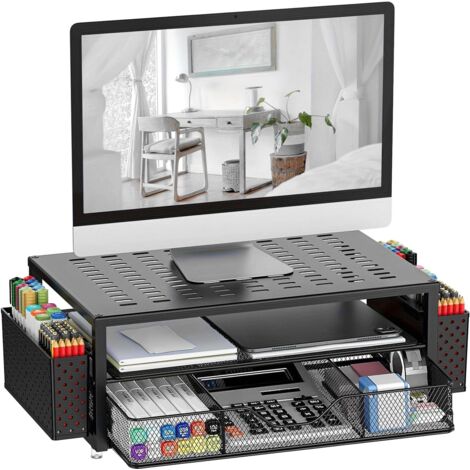 Support de moniteur en métal à 2 niveaux avec tiroir et porte-stylo pour ordinateur portable, ordinateur, iMac, pour les bureaux et les dortoirs, noir (1/5)