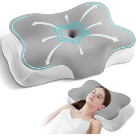 Oreiller Coussin Memoire de Forme,Oreiller Ergonomique Cervical,Oreillers Respirant,Adapté pour Ceux Qui Dorment sur Le Côté, sur Le Dos ou sur Le Ventre (Gris Clair) (1/5)