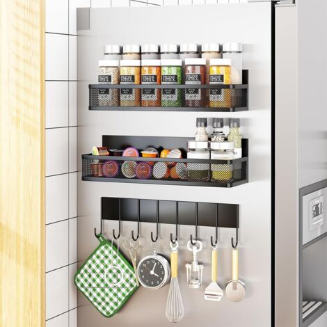 Lot de 3 étagères magnétiques pour réfrigérateur, organiseur de réfrigérateur mobile avec 8 crochets, organisateur d'assaisonnement pour cuisine (1/5)