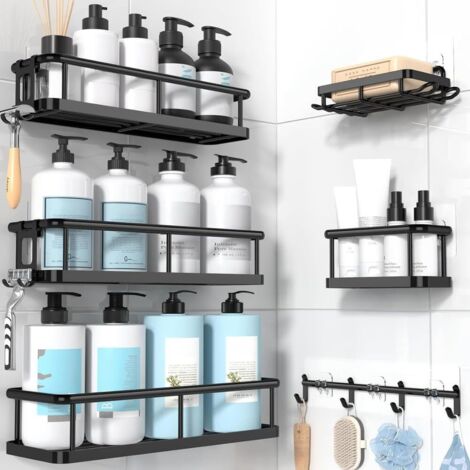 Lot de 6 étagères de douche sans perçage - Étagère de salle de bain sans perçage - Support de douche sans perçage - Support de shampooing pour douche - Acier inoxydable - Noir (1/5)
