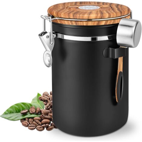 Boîte à café hermétique de de grains, 1,8 l, en acier inoxydable, avec couvercle en grain de bois, boîte à café sous vide avec valve CO2 (1/5)