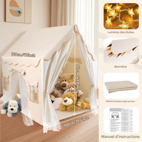 Tente Enfant Cabane 2 Entrées Avec Lumières Et Drapeaux - Tapis De Sol Inclus - Cadeau Parfait Pour Filles Et Garçons (120x100x127 Cm)