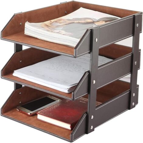 Organiseur de bureau en cuir empilable - Compartiment à documents pour dossiers, papeterie, magazines, courrier, maison, petits objets, organisateur de bureau (marron) (1/5)