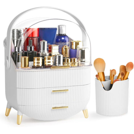 Organisateur Maquillage Blanc avec Pot à Pinceaux - Boite Maquillage avec 3 Tiroirs en Plastique - Poignée Rotative & Couvercle Transparent - Rangement Coiffeuse à Transporter (1/5)