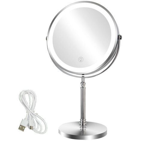 Miroir de maquillage grossissant de 20,3 cm avec lumière - Rotation 1X/5x à 360° - Miroir de maquillage avec éclairage rechargeable - 3 lumières colorées - Miroir de courtoisie lumineux sur (1/5)