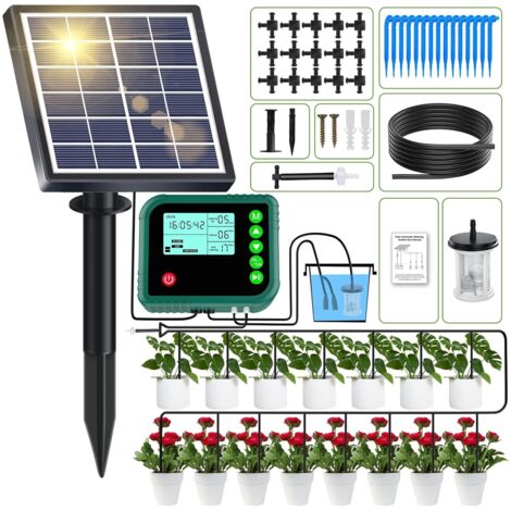 Kit Arrosage Automatique Solaire pour Jardin- Systeme Arrosage Automatique Goutte a Goutte avec Minuterie et Tuyau de - Systeme Arrosage Automatique pour Intérieur Exterieur Jardin Balcon Potager