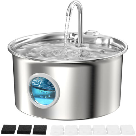 Fontaine Eau Chat INOX-Fontaine Chat Acier Inoxydable Automatique - 2,6L Silencieuse Distributeur d'eau Électrique avec Robinet pour Petit Chien - Filtre Multicouche avec 6 Filtres + 3 Éponges (1/5)