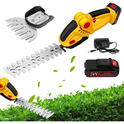 2 en 1 Taille Haie Electrique sans Fil — 24V Cisaille à Gazon sur Batterie Rechargeable avec 2 Lames et Chargeur— Batterie 1500 mAh, Coupe Haie sans Fil pour Arbustes, Jardin, Gazon, Pelouse
