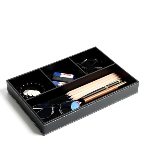 Plateau Vide Poche en Cuir-Organisateur de Tiroir Chevet et Bureau à 4 Compartiments- Boîte de Rangement Clés- Portefeuille- Téléphone-Montres, Bijoux, Argent, Boutons de Manchette (Noir) (1/5)