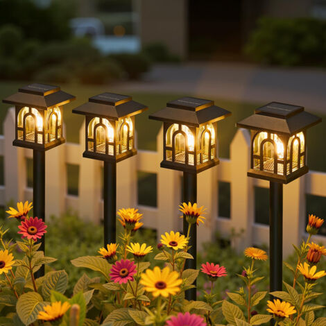 Lot de 4 lampes solaires de jardin étanches avec lumière blanche chaude pour paysage, terrasse, cour, allée (1/5)
