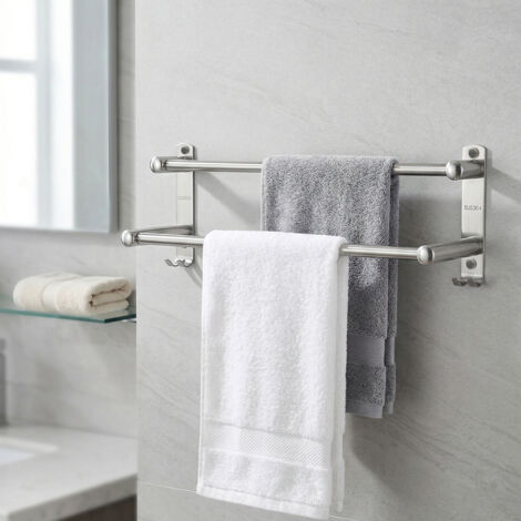 Porte Serviette Salle de Bain sans Percage Barre Porte-Serviettes en Acier Inoxydable brossé Autocollant Double avec 2 Crochets de Serviette Mural pour Salle de Bain Cuisine (1/5)