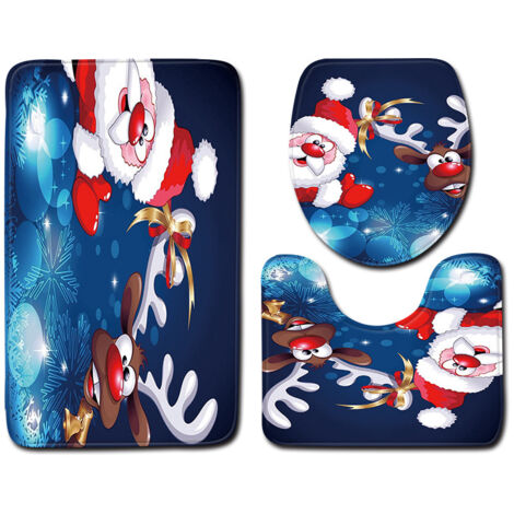 Badezimmerteppich-Set 3-teilig, rutschfeste Badematten mit Weihnachtsmann-Aufdruck, weiche Badematten mit starker Wasseraufnahme für Badezimmer, Schlafzimmer, Küche, Toilette und Badewanne (2) (1/5)