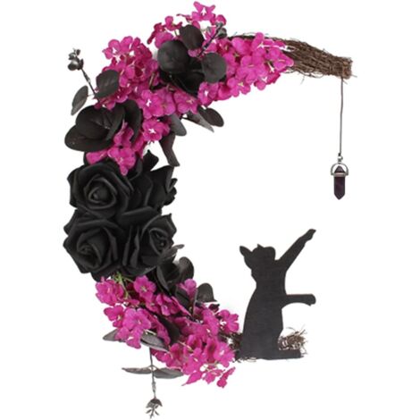 Ghirlanda natalizia a forma di mezzaluna con strega gatto in stile gotico per Halloween - Prugna rossa e rosa nera (1/5)