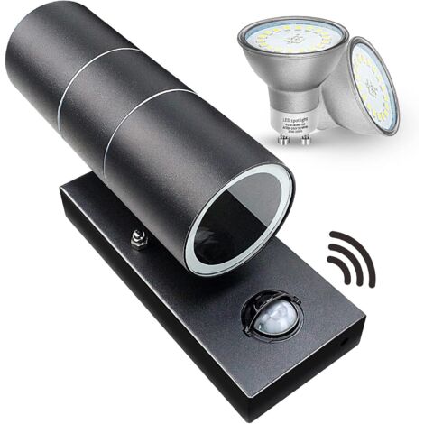 Applique da parete per esterni, luce da parete con sensore di movimento PIR per esterni, luci di sicurezza su e giù IP44, nero opaco, 240 V, incluse... 2 lampadine LED bianco caldo da 5 W (1/5)