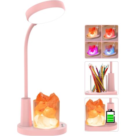 Lampada da scrivania per bambini, lampada da tavolo in sale dell'Himalaya, luce notturna che cambia colore automaticamente con portapenne, luce di lettura dimmerabile ricaricabile per bambini, rosa