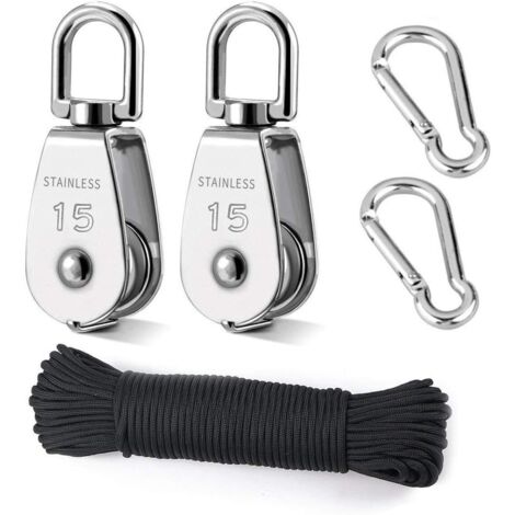 Puleggia di sollevamento, 2 pezzi 15mm 304 Puleggia in acciaio inossidabile, 2 pezzi M15 Puleggia singola, per corde e cavi, con corda da arrampicata da 8mm, 20m (1/5)