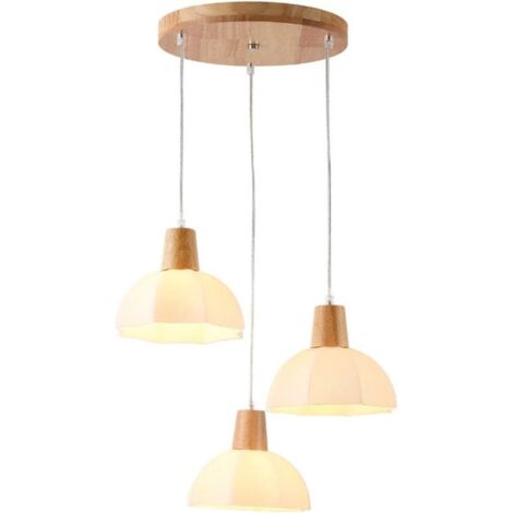 Lampada a sospensione in legno e vetro, lampada a sospensione in vetro bianco latte, lampada a sospensione rustica per cucina, isola sala da pranzo, decorazione corridoio (disco a tre luci, luce neutr (1/5)